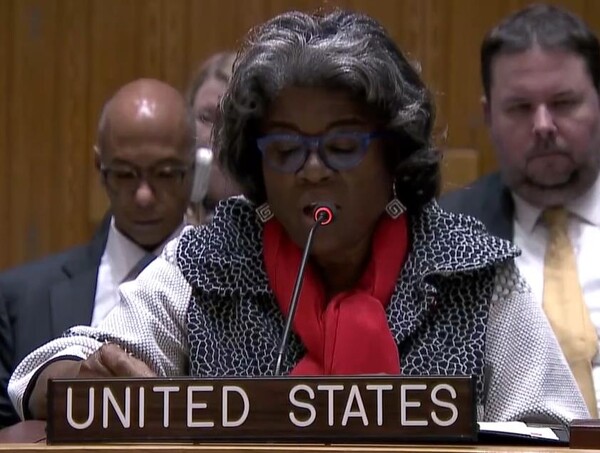 북한 ICBM에 관한 유엔 안보리 회의에서 발언하는 린다 토머스-그린필드 미국대사[유엔 웹티비 캡처]